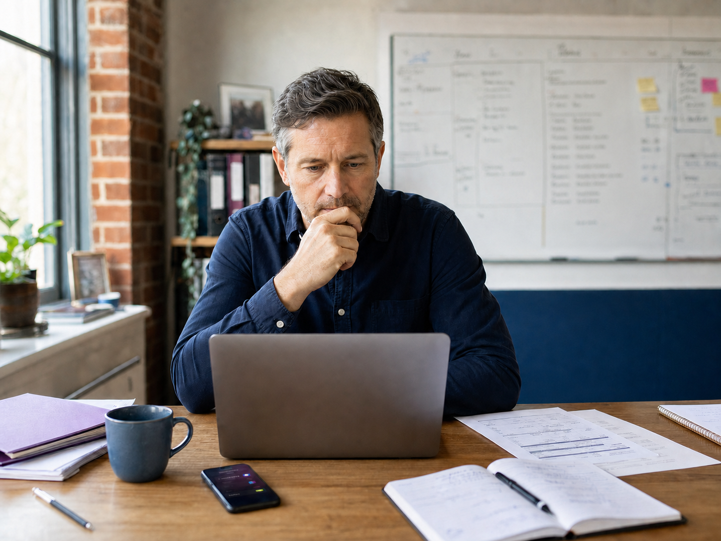 Founder considering competing priorities at a busy workspace